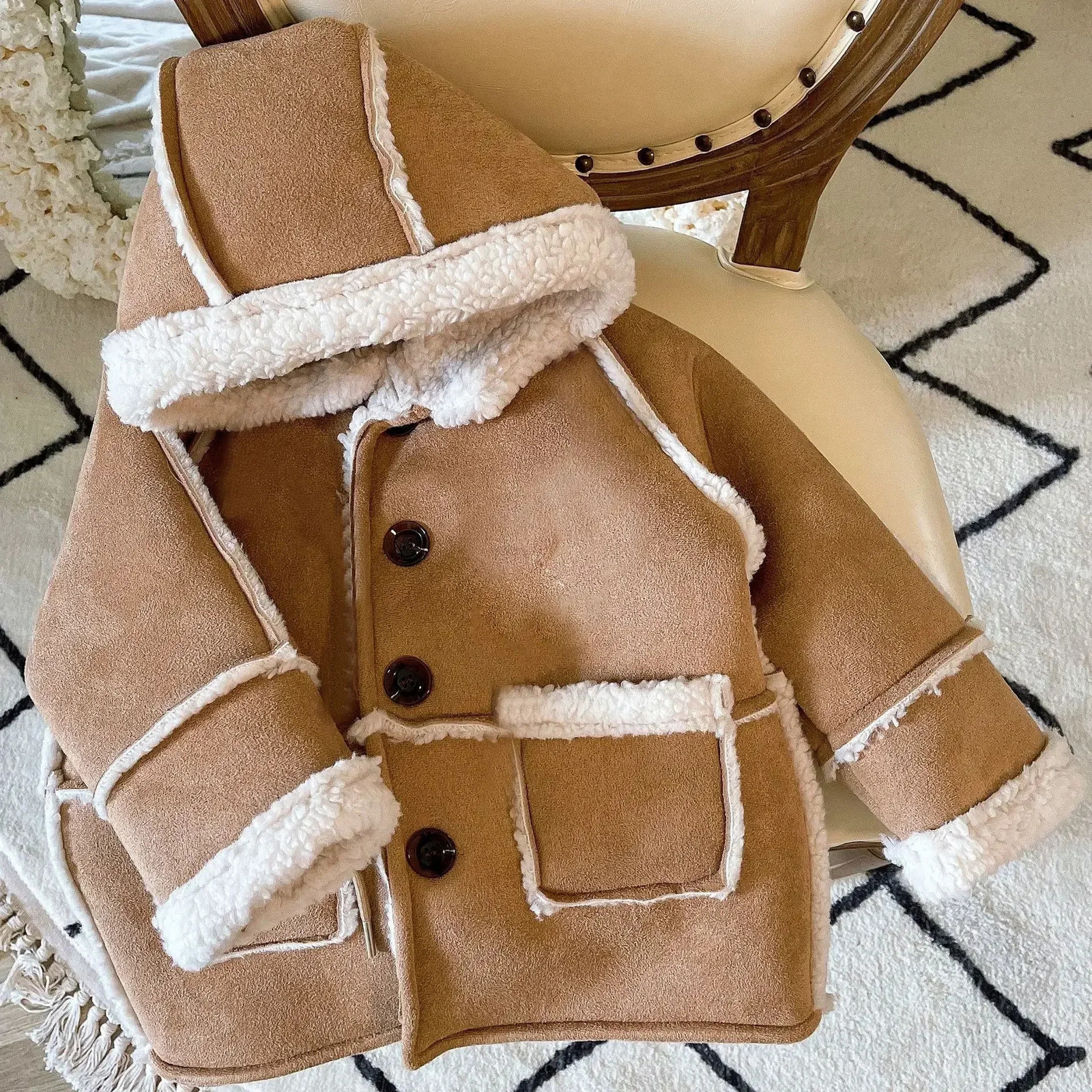Clearance 100cm 7864 Korean Childrens Coat Winter Retro Fashion Suede Thick Boys Coat Warm Jacket Lambswool Coat 241126