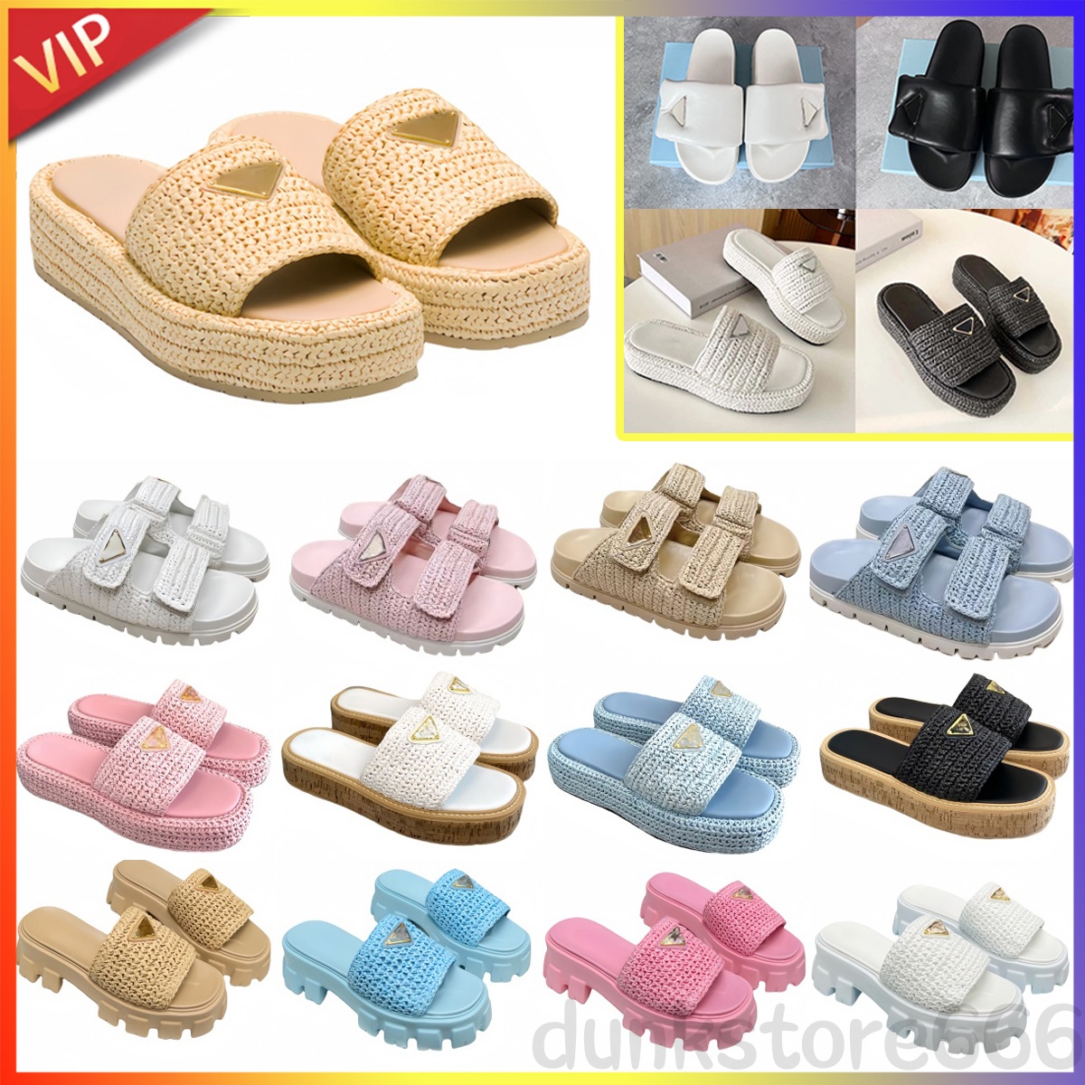 2024 New Prad triangle Straw weave Slipper sandal platform Raffias Slippers Designer womans mens Summer Flat heel Casual Flip flops outdoors pool Sliders beach Shoe 
