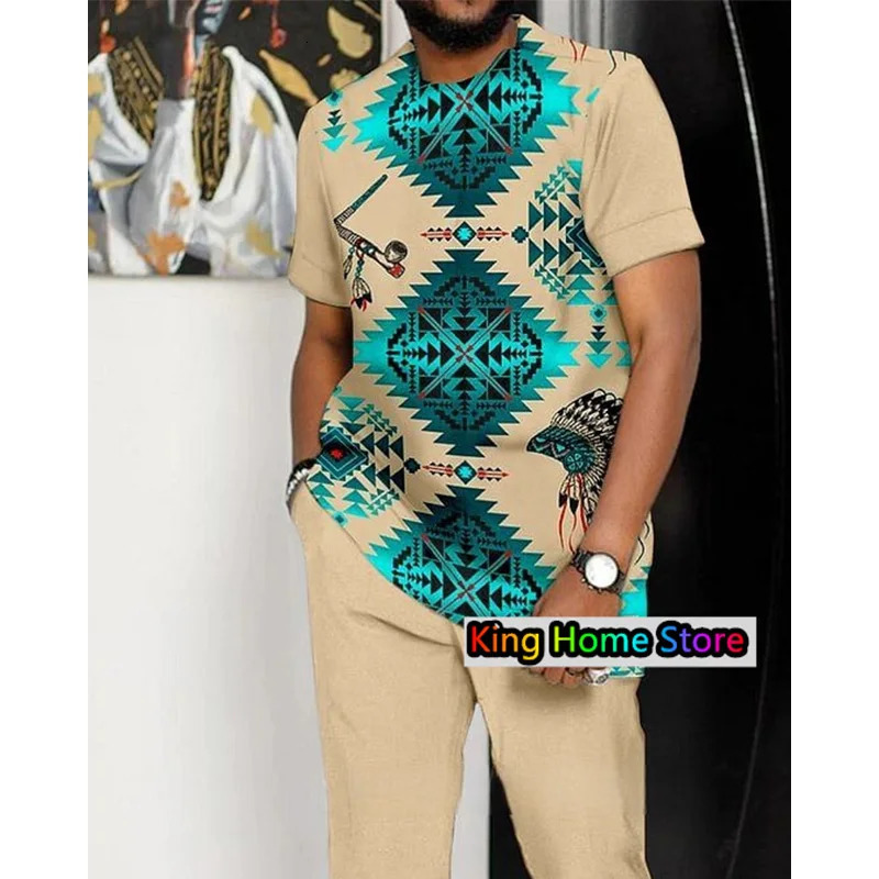 Pantalon pour hommes combinaison 2 pièces set mode african ethnicité africaine streetwear à manches courtes pantalon long pantalon masculin vêtem