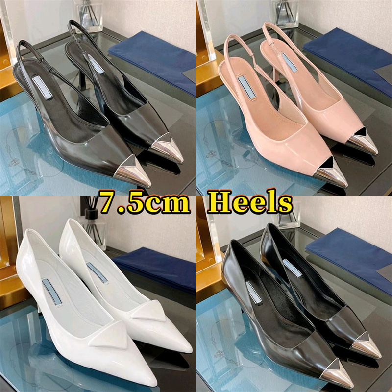 Avec boîte de luxe pour femmes chaussures de robe noire blanc rose logo CAP en relief Toe à talons en cuir brossé à talons brossés 75 mm