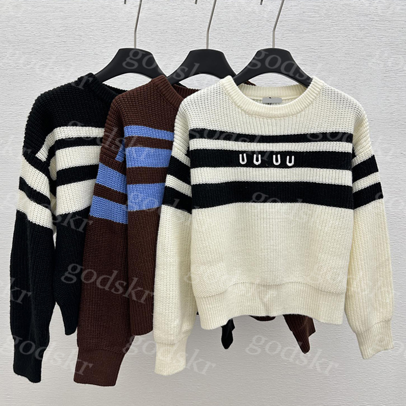 Femmes Couleurs contrastées Pull à rayures Broidered Lettre en tricot lâche Chemise élégante Col à manches longues à manches longues