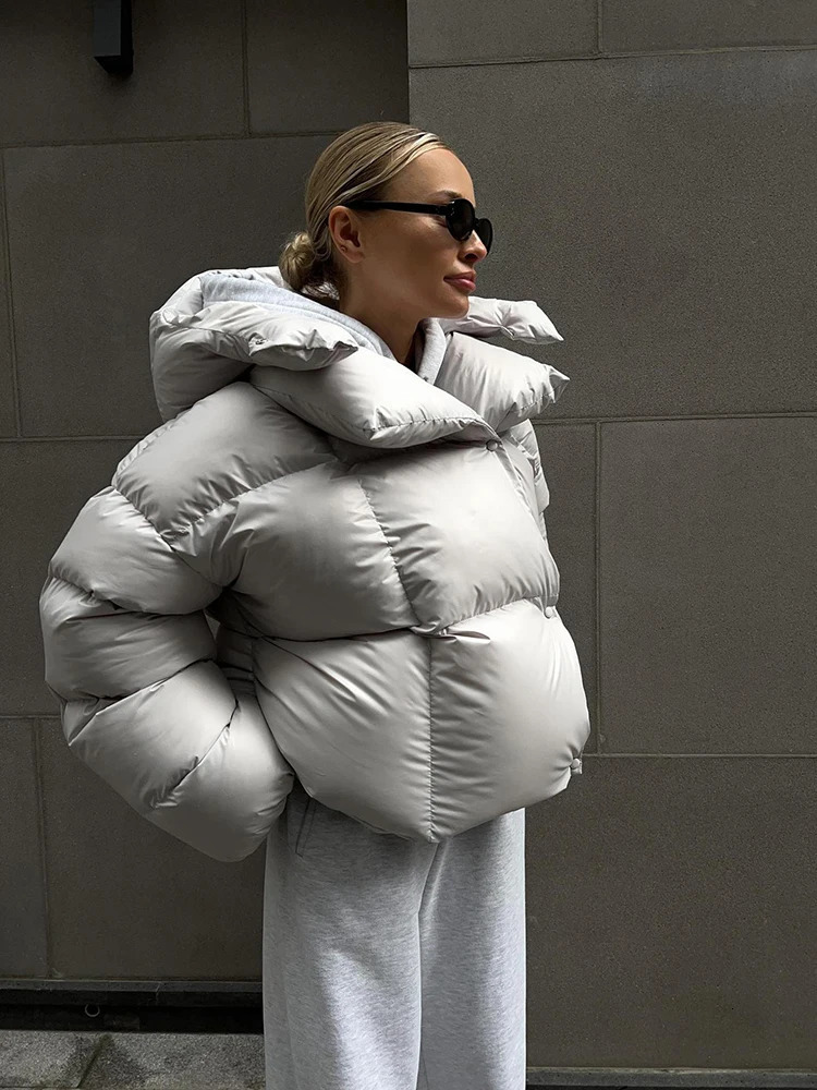 Winter Womens Cotton padded Jacket Womens Street Clothing Chiffon Park Personalized Hooded Inflatable Jacket Zipper Jacket 241125