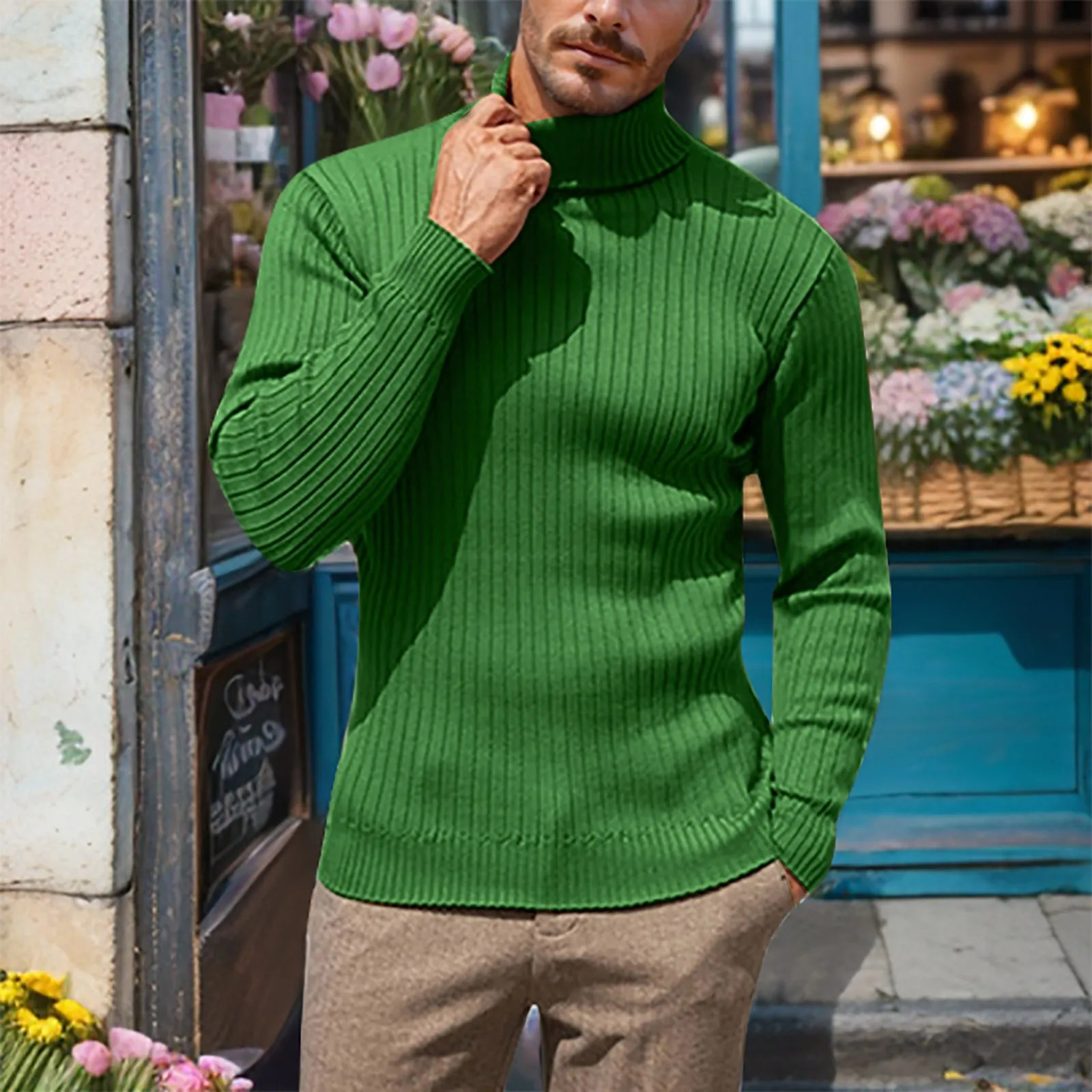 Retro Green Knitted Mens Sweater Solid Color High Neck Casual Sweater Loose And Comfortable Business Trend Warm Knit Sweater 241127