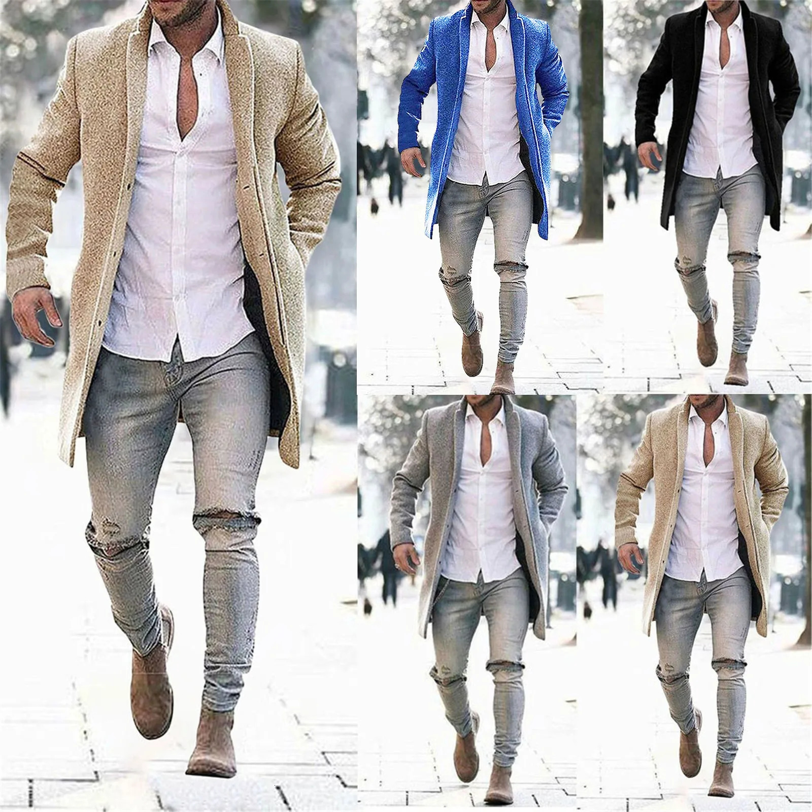 Autumn and Winter Fashion Mens Coat Solid Color Single Breasted PoloCollar Long Jacket Casual Windbreaker 241126