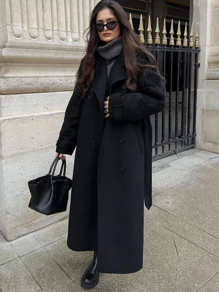 Fashion With Belt Black Woolen Long Coat For Women Oversize Loose Double Button Lapel Overcoat Autumn Lady High Street Outerwear 241121