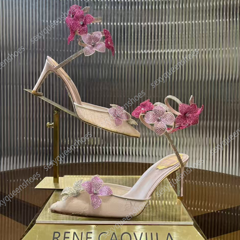 René Sandales à talons hauts de la mode de la mode creux Decoration de fleur de diamant Femme Femmes Solde à cheville enveloppées de serpentine e