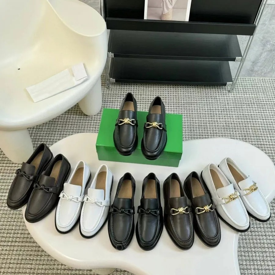 Designer Genuine Leather Loafers New Style Metal knotting Slip-on Shoes Black Color Brown Low Heel Women's Shoes Round Head Comfortable Flat