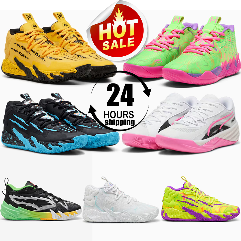 Chaussures de basket-ball pumaa mb 03 hommes chaussures de femmes pourpre lutte contre le vert gecko pumaa noir brillant aqua sport jaune sneaker