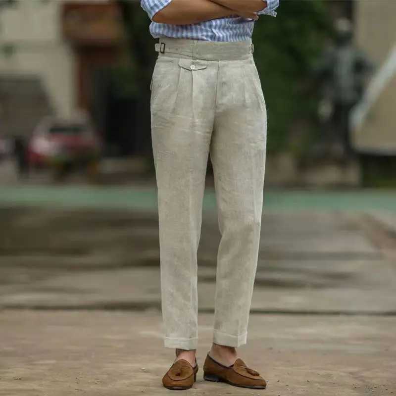 Men's Pants British style mens Gurkha linen pants high waisted straight ankle pants spring and summer high-quality thin casual loose pants J-image-970696632