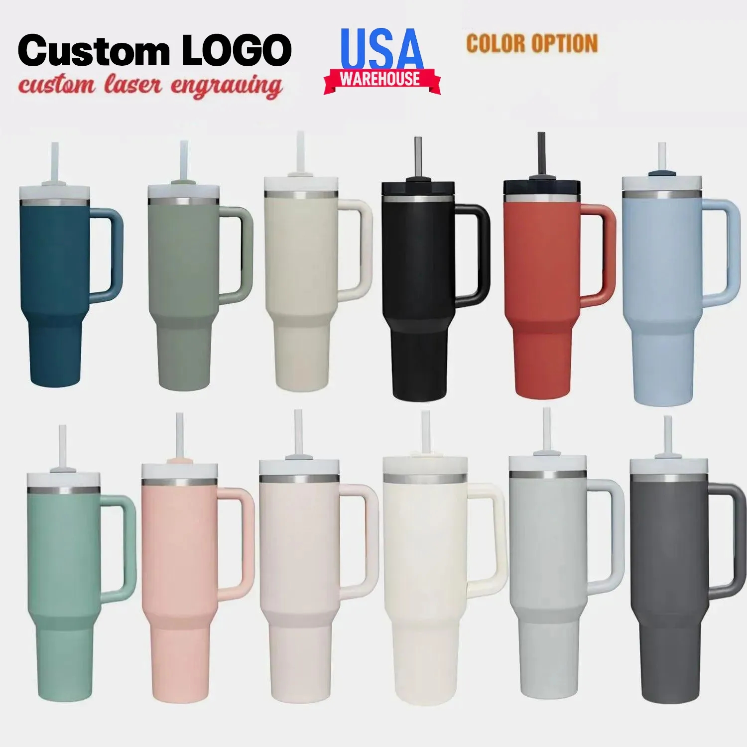 1pc Nouveau H2.0 40oz en acier inoxydable gobelets tasses avec couvercle de poignée en silicone et paille 2nd génération tasses de voiture à vide