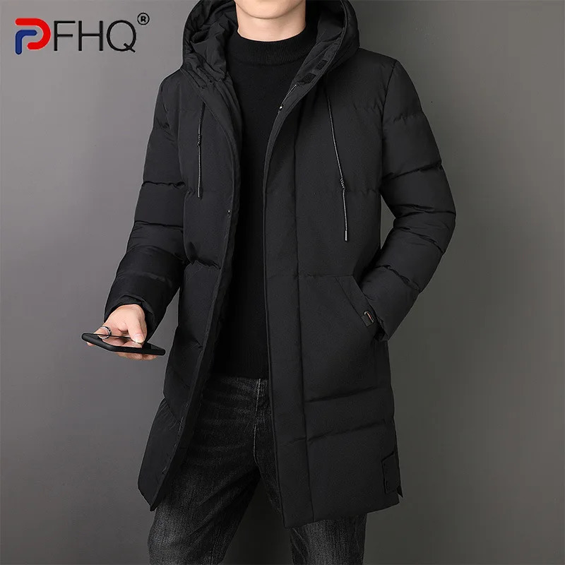 PFHQ Mens Cotton Jacket Winter Thick Mid Long Coat 2024 Solid Color With Hat Casual Korea Fashion Male Tops Zipper 21Z7537 241129