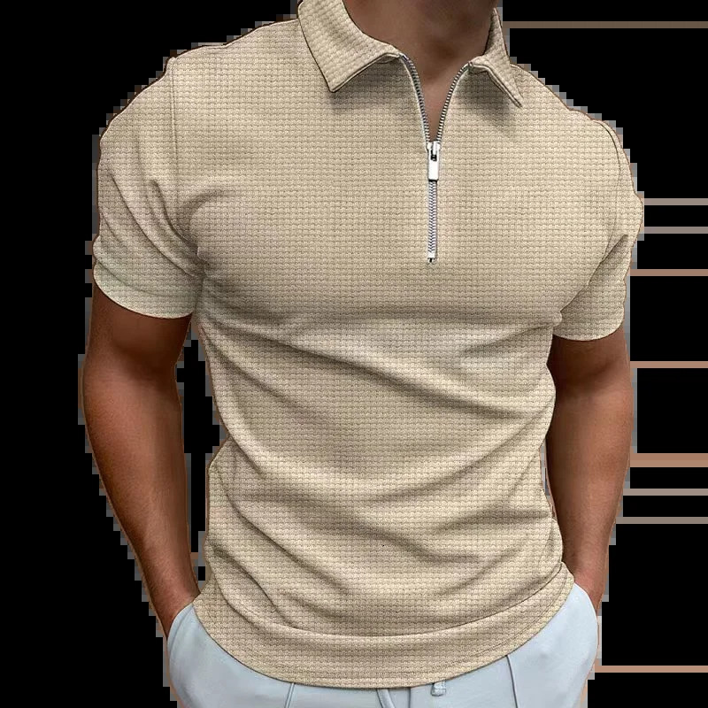 Summer Mens Zipper Waffle Polo Shirt Short Sleeve Lattice Casual Tshirt Men Thin Solid Color 240412