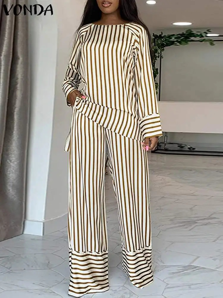 Plus Size 5XL VONDA Women Stripe Pant Sets 2024 Casual Loose Elegant Suit Autumn Long Sleeve Tops and High Waist Pants 241126 54