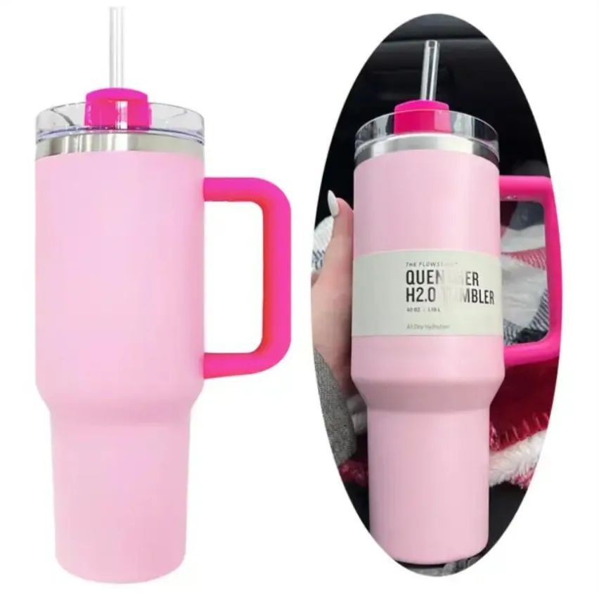 PINK Flamingo 40oz H2.0 Coffee Mugs Cups outdoor camping travel Car cup Stainless Steel Tumblers Cups with Silicone handle Winter Pink Mugs Neon-image-611386028