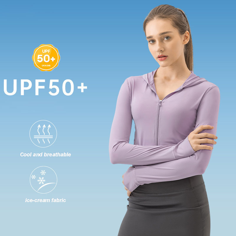 097 Women Sunscreen Clothes Yoga Coat Ice Silk Runing Rashguard Zip Hole Hoodie UPF+50 Clothes Outdoor Sports Rash Guards Quick Drying Sun Protec