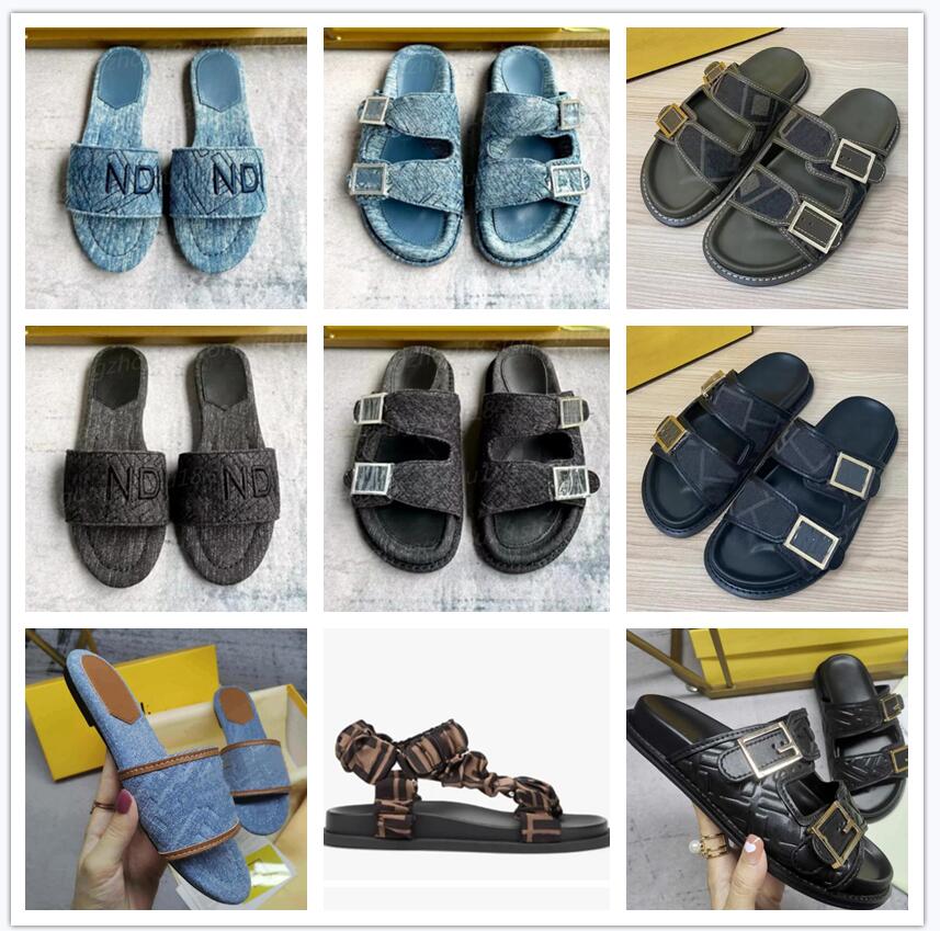 Premium Designer Denim Slippers with Embroidery Men Women's Double Button Sandals Summer Designer Shoes 26583-image-971148708