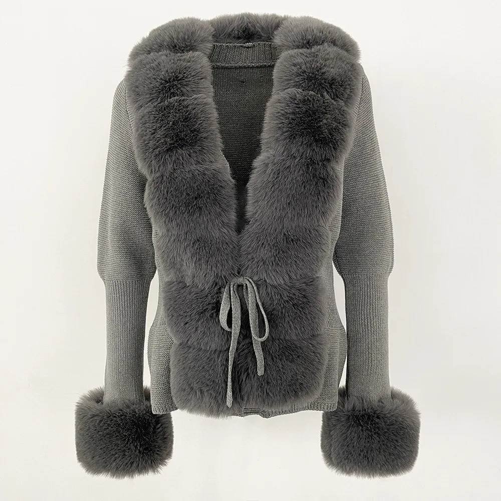 Faux Fur Coat Patchwork Knit Sweater Bandage Cardigan Detachable Collar Jacket Autumnwinter Womens 241120Z