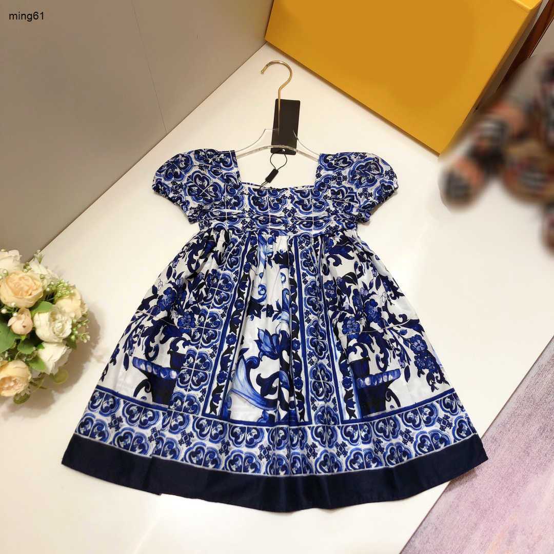23ss Princess dress Short-sleeved dresses kids designer clothes girls Dress Blue and white porcelain printing Dresses big Girls skirts High quali-image-1059751681