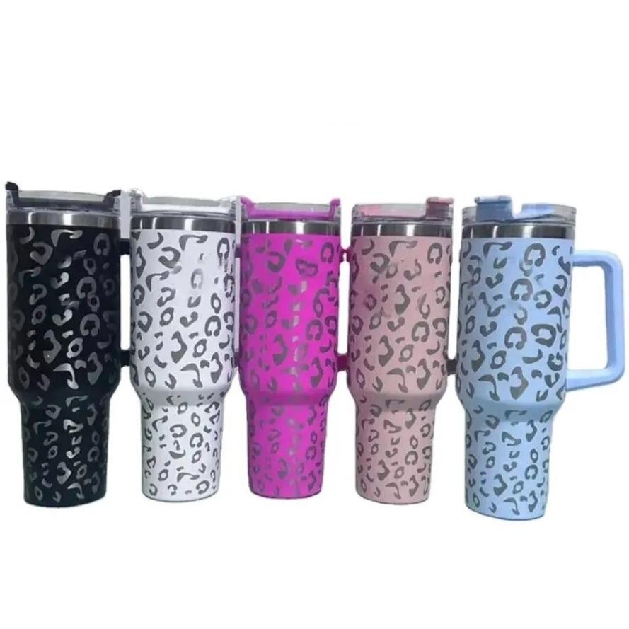 Leopard Print 40oz tumblers stainless steel handle lid straw big capacity beer mug water bottle powder outdoor camping cups cheetah tumblers US S-image-393298571