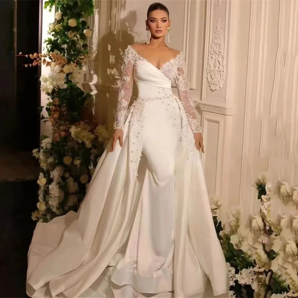 luxury satin Dubai Mermaid Wedding Dresses lace Flowers pearls beaded off shoulder Long Sleeve Bridal Gowns Detachable Train Overskirts sexy new-image-942314743
