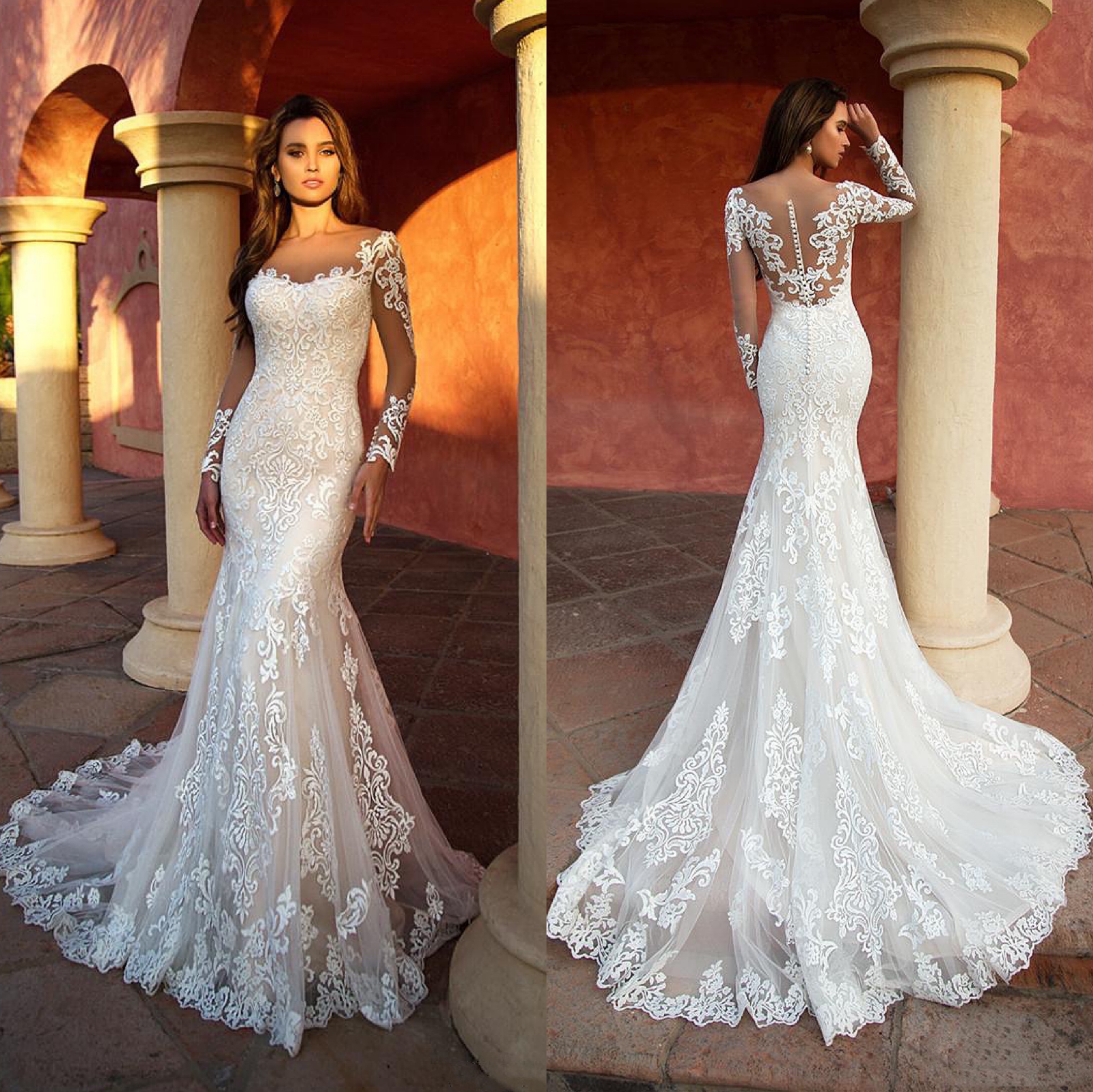 Elegant Mermaid Wedding Dresses Lace Appliques Bridal Gowns Long Sleeve Custom Made Sweep Train Bride Dresses Plus Size-image-942351368