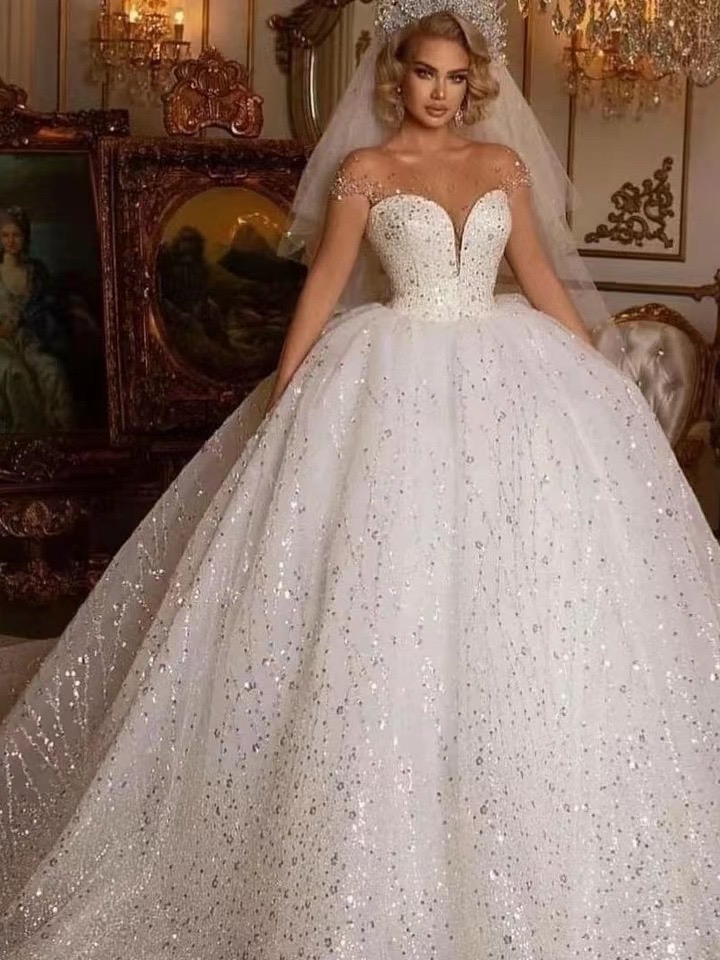 luxury vintage bling Wedding Dress 2024 Modest Ball Gown Dresses sexy ball gown wed gowns crystals beaded Ruched Plus Size Cathedral Train Royal-image-942314796