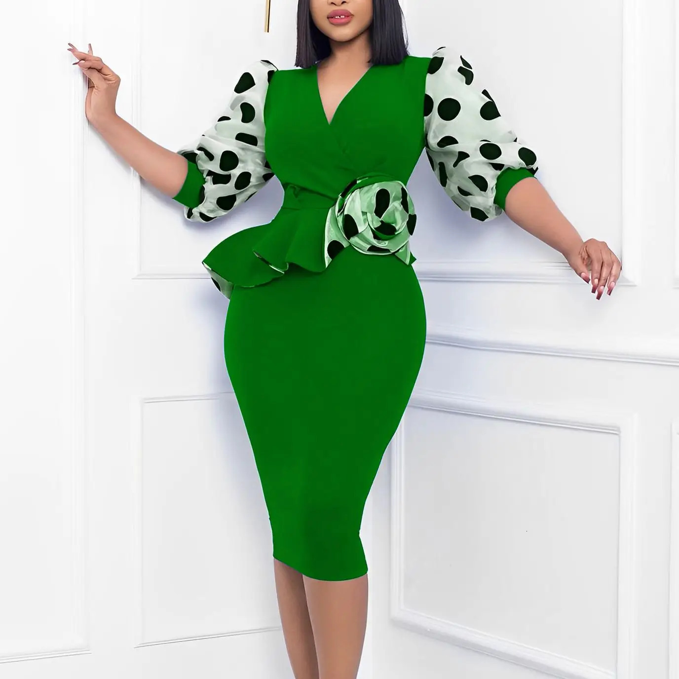 Fashion Polka Dot Bodycon Midi Dress Women Elegant Mesh Puff Sleeve Ruffles High Waist Slim Office Party Dresses Female Clothes 240126-image-942434170