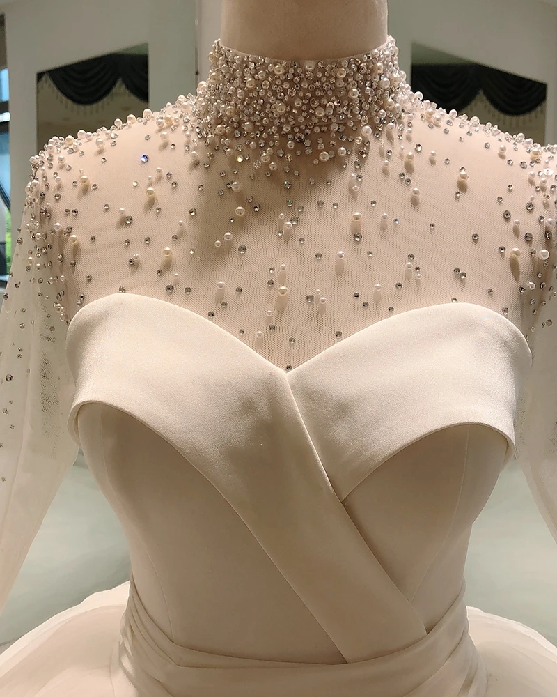 Elegant Wedding Dress For Women High Neck Long Sleeve Beads A-Line Satin Birde Formal Gowns New Arrival Vestido De Novia Robe De Mariage-image-942398914