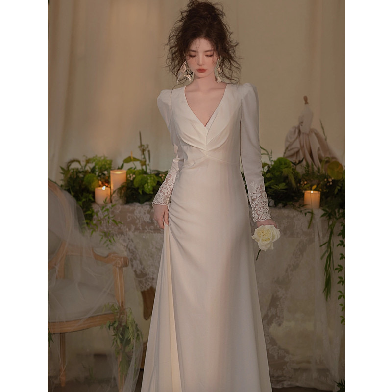 2024 satin Mermaid Wedding Dresses With sweep Train sexy v Neck Long Sleeve Bridal Gowns Vestido Novia Beading Appliques lace back Bride Dress Fo-image-942638327