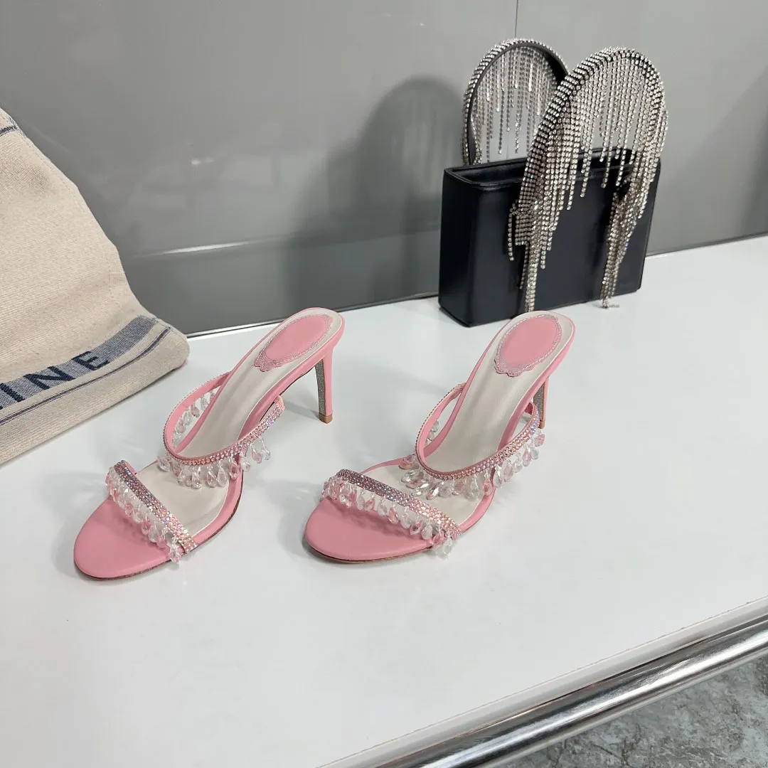 crystal-embellished high heel slippers sandals shine slip-on sandals women&#039;s luxury hyaline leather outsole rene caovilla evening party shoe-image-942359495