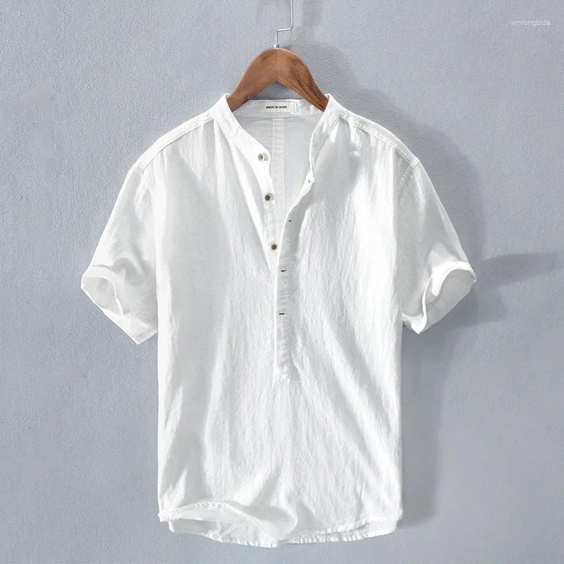 Men&#039;s Casual Shirts Cotton Linen Short Sleeved Shirt 2024 Summer Standing Collar Designer Brand Quality Clothes Tops For Men-image-942336245