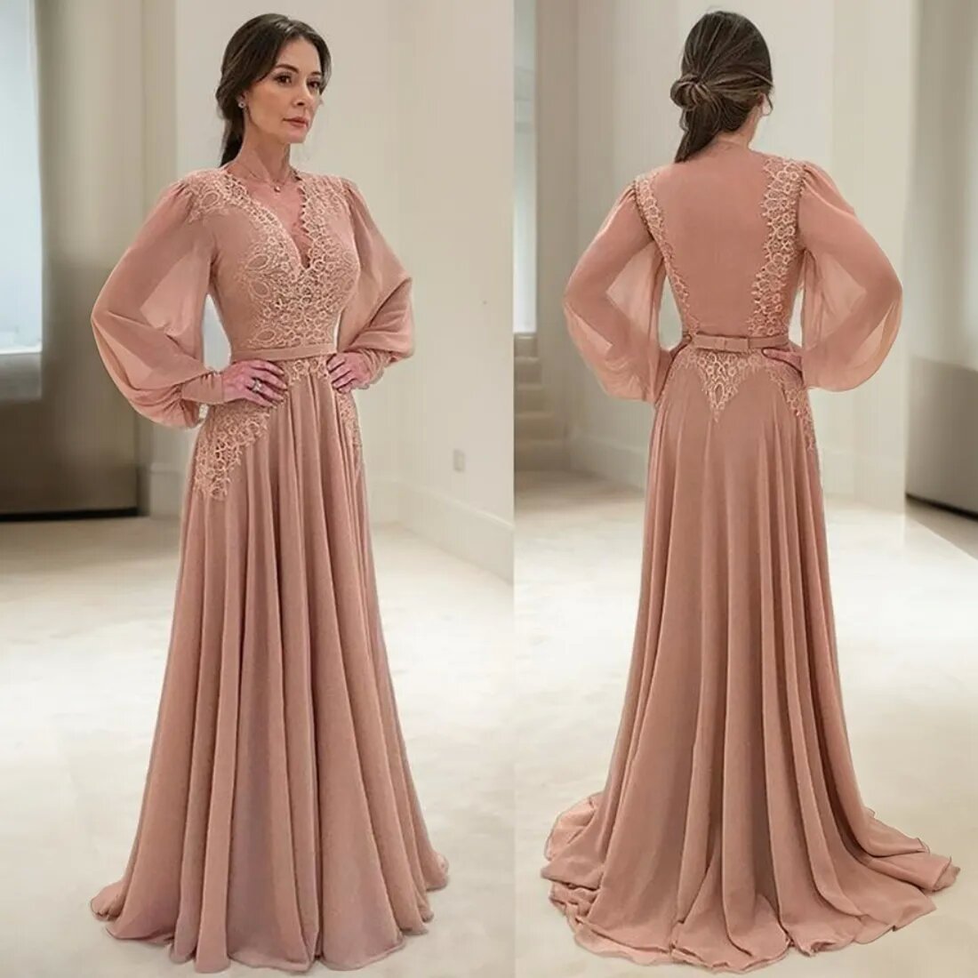 Elegant Mother Of The Bride Dress Chiffon Lace V Neck Long Sleeve Mother&#039;s Dress With Belt For Marriage Bride Gowns-image-942327013