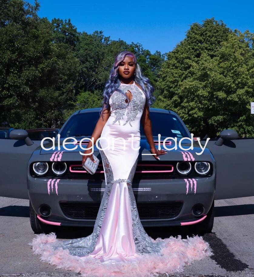 Pearl Pink Sparkly Mermaid Prom Birthday Dresses for Women Luxury Crystal Feather Black Girl Evening Gown vestidos de fiesta-image-942374403