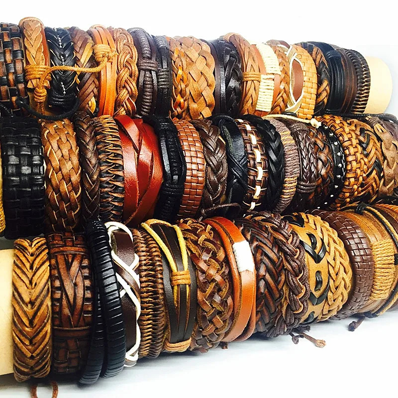 MIXMAX 100pcs retro leather bracelets for mens unisex handmade surfer cuff black brown color bangle wristband jewelry 240130-image-942312606
