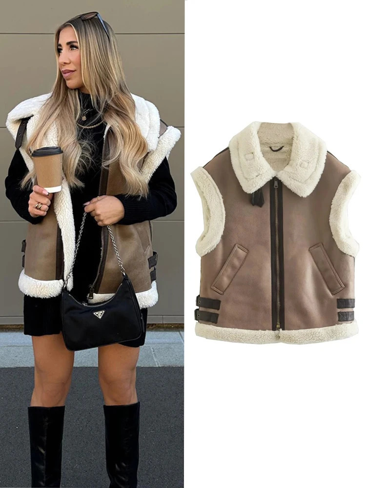 TRAF Fur Vest Warm Women&#039;s Vest Sleeveless Jacket Autumn Winter Fashion Female Vest Jacket Coat Leather Fur Vest for Women 240124-image-942631356