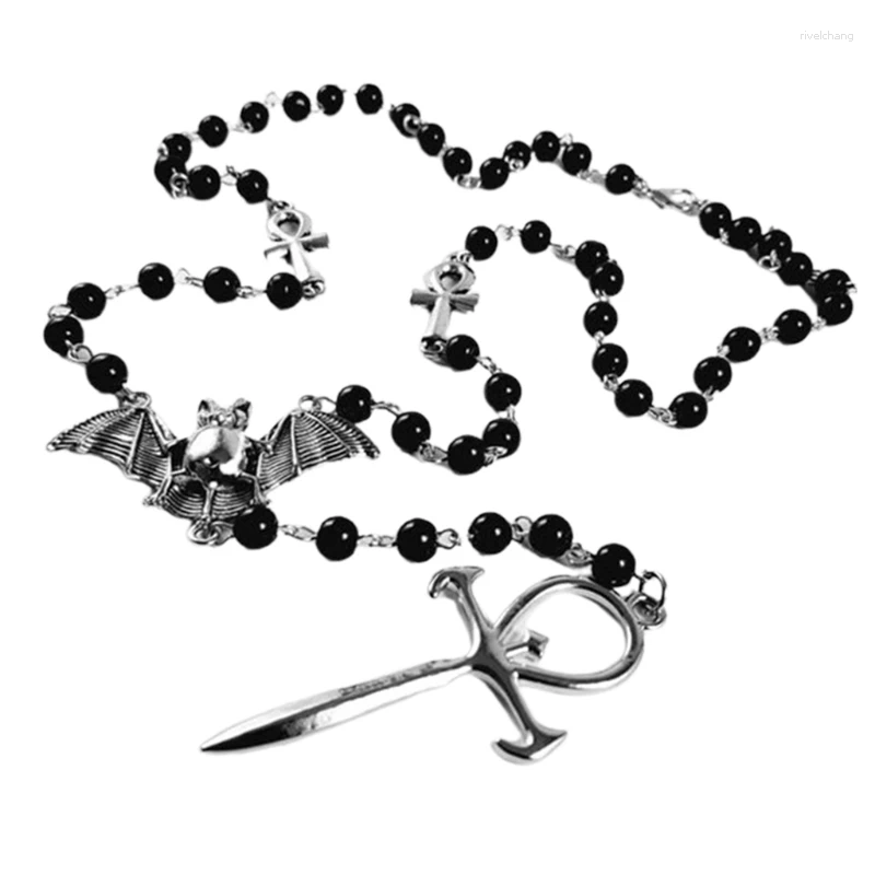 Pendant Necklaces Trendy Punk For Vampire Ankh Rosary Women Black Bead Necklac-image-942518650