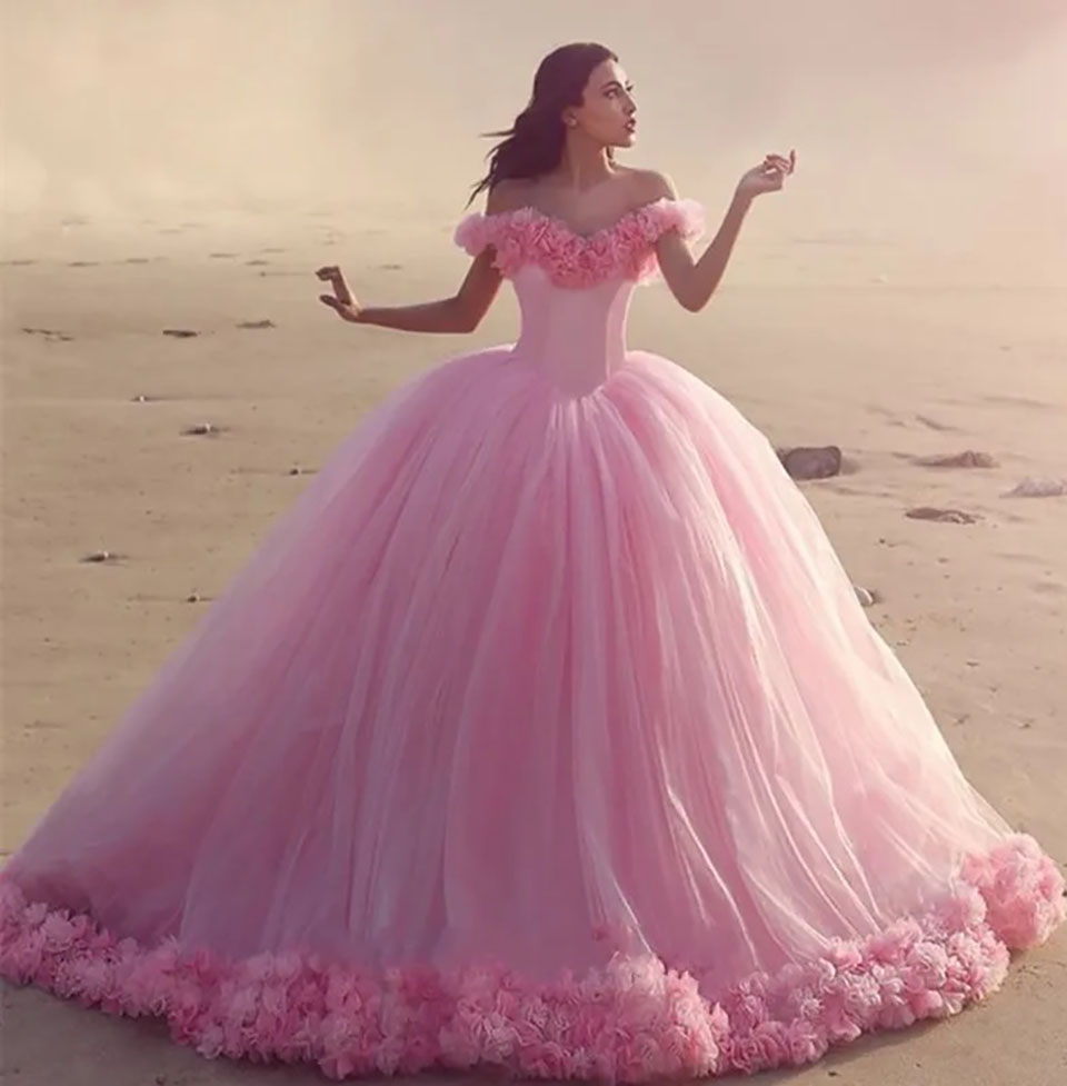 Pink Wedding Dresses New Bridesmaid Dresses A Line Formal Ball Gown Off-Shoulder Sleeveless Hand Made Flowers Tulle Custom Lace Up Plus Size Zipp-image-942462813