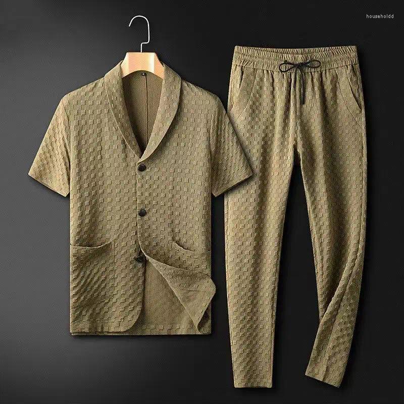 Men&#039;s Tracksuits 2024 Summer Fashion Two Piece Sets Casual Short Sleeve Shirts Pants Solid Geometry Pattern Printed Male Outfits-image-942699306