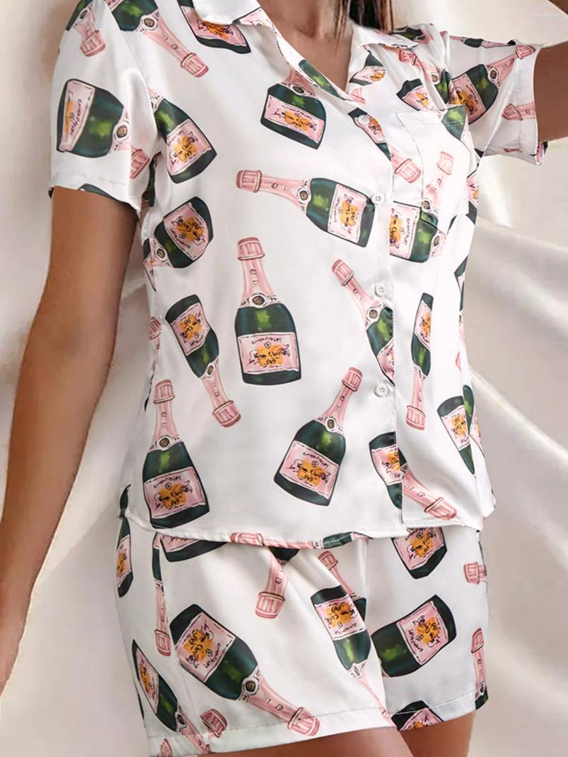 Women&#039;s Sleepwear Champagne Bottles Button Pajama Set 2024 Women Summer Fashion Print Holiday Retro Harajuku Short Sleeve Casual T-Shirt-image-942706117