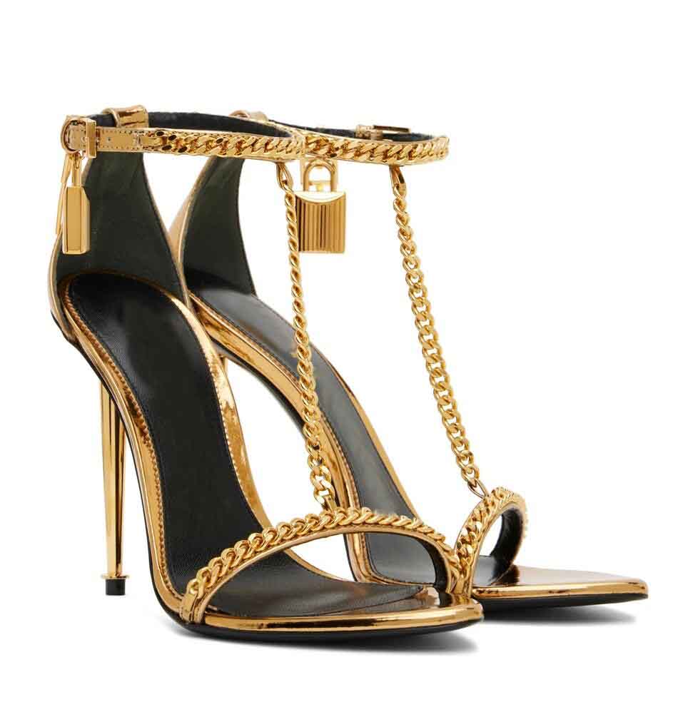Luxury Padlock Pointy Naked Sandals Shoes Women Lock & Key Metal Stiletto Heels Gold Chain Link Sexy Lady Party Wedding Dress EU35-43 Original Bo-image-942809511