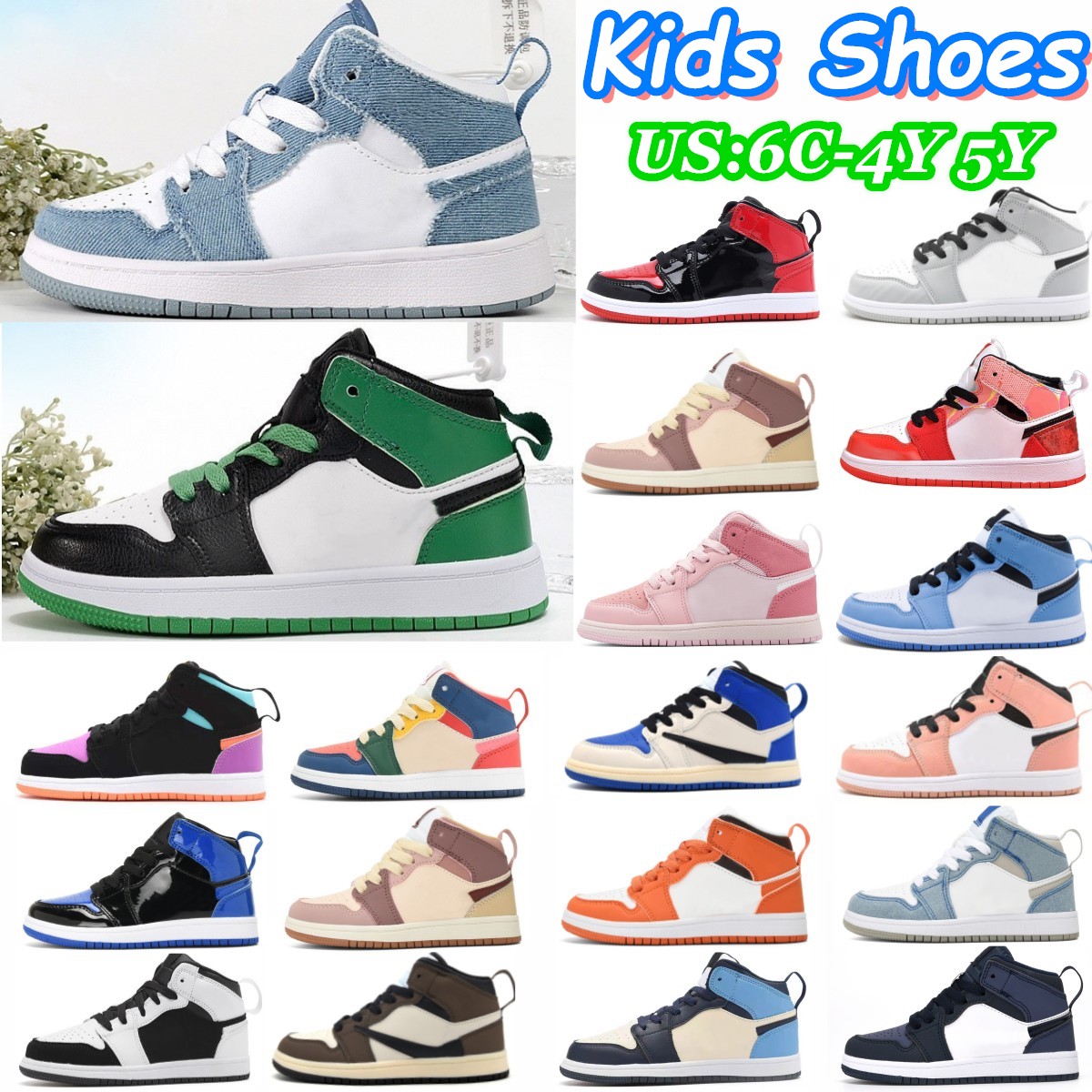 Jumpman 1s 1 Kids basketball shoes Toddlers sneakers high Boys trainers Lucky Green University Blue Chicago Patent Bred black White Fierce Pink Children youth shoe 
