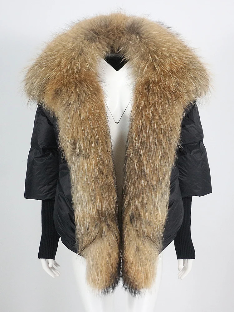 Natural Real Fox Raccoon Fur Collar Winter Jacket Women Thick Warm Duck Down Coat Knitted Sleeve Outwear Streetwear 240124