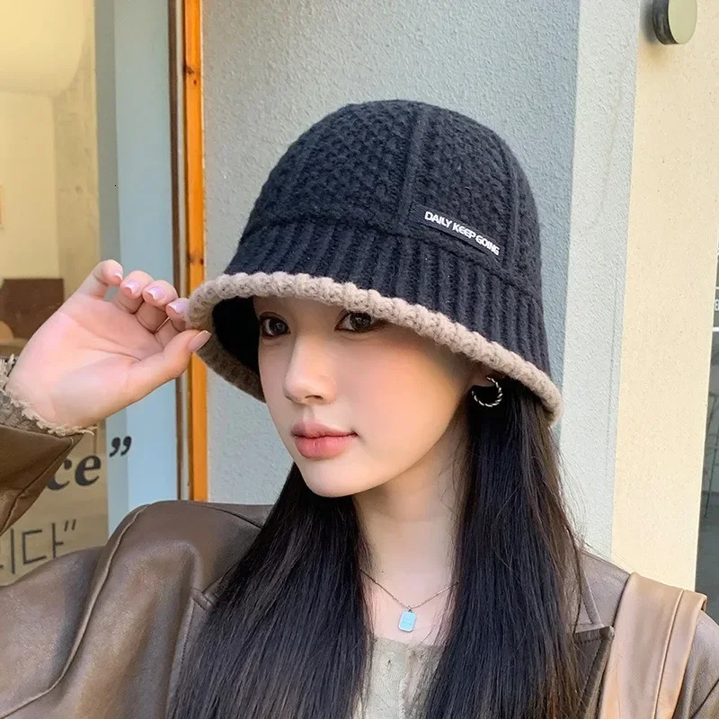Womens Hat Winter Warm Knit Bucket Hat Warm Fisherman Hats Female Fashion Korean Beanie Lady Retro Black Panama Cap For Women 240127