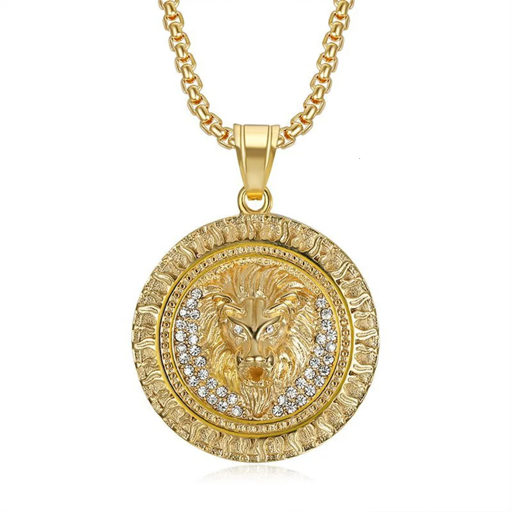 Punk Iced Out Lion Head Pendant Necklace Male Gold Color Stainless Steel Chains For Men Round Animal Jewelry Drop 240127
