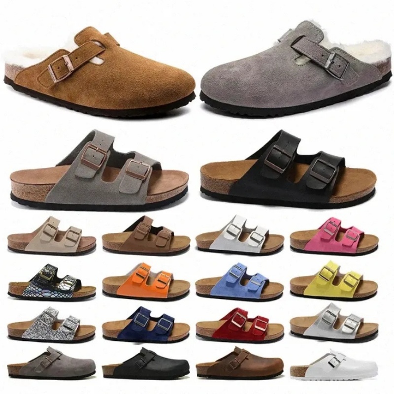 Designer Boston Clogs Beach Sandals Cork Slippers Arizona Mayari Shearling Mules Flat Fashion Suede Summer Leather Slide Favourite Beach Shoes Wo