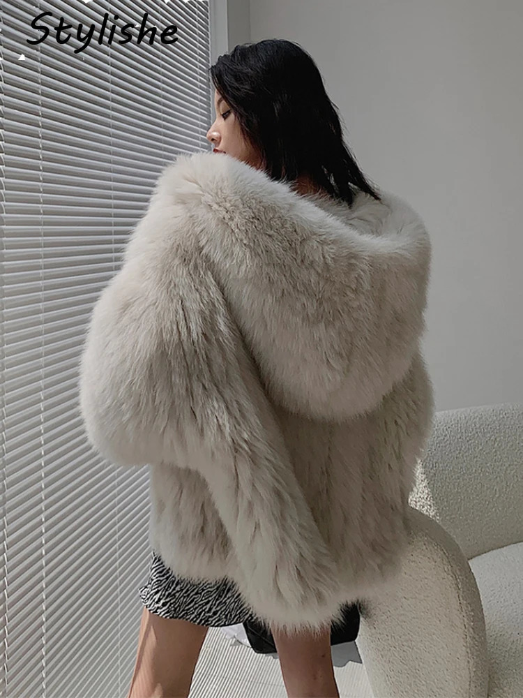Stylishe Oversized Faux Fur Coat Women Winter Streerwear Thick Female Hooded Jacket Korean Long Sleeve Loose Knitted Outerwear 240124