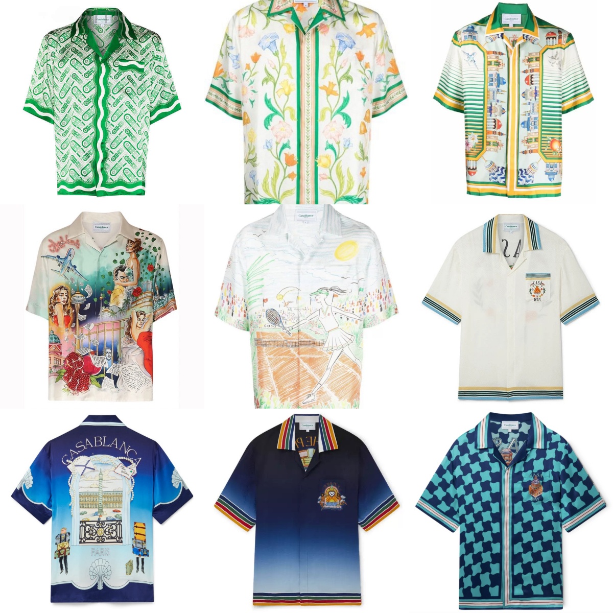 Casablanca Ping Pong Classic chemises pour hommes imprimé vert prairie unisexe chemise en soie britannique ample à manches courtes t-shirts de cr