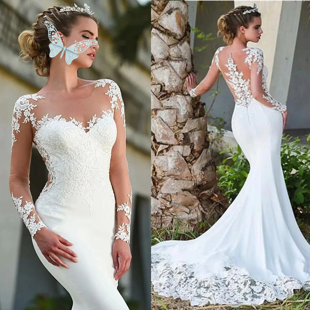 Robe de mariée en V sirène pour les femmes 2024 Appliques à manches longues Lace Court Train Backless Bridal Bride Vestido de Noiva