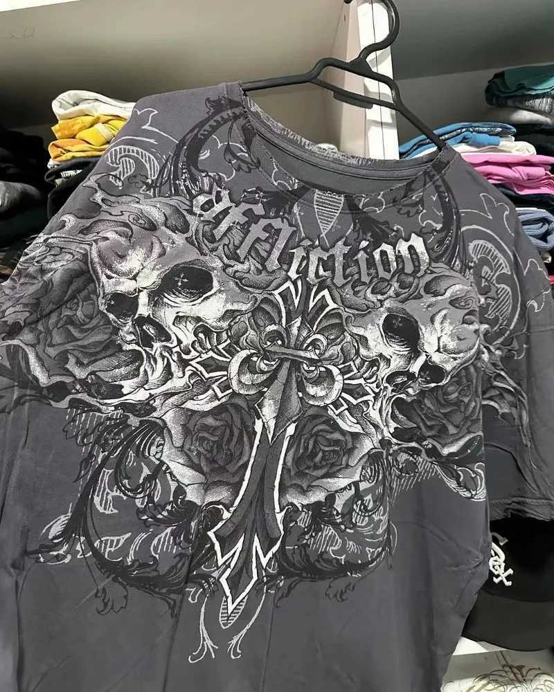 Men's T-Shirts Cotton Harajuku hip-hop skull print O-neck oversized T-shirt for womens 2024 Gothic street casual short sleeved top L260526-image-944792076