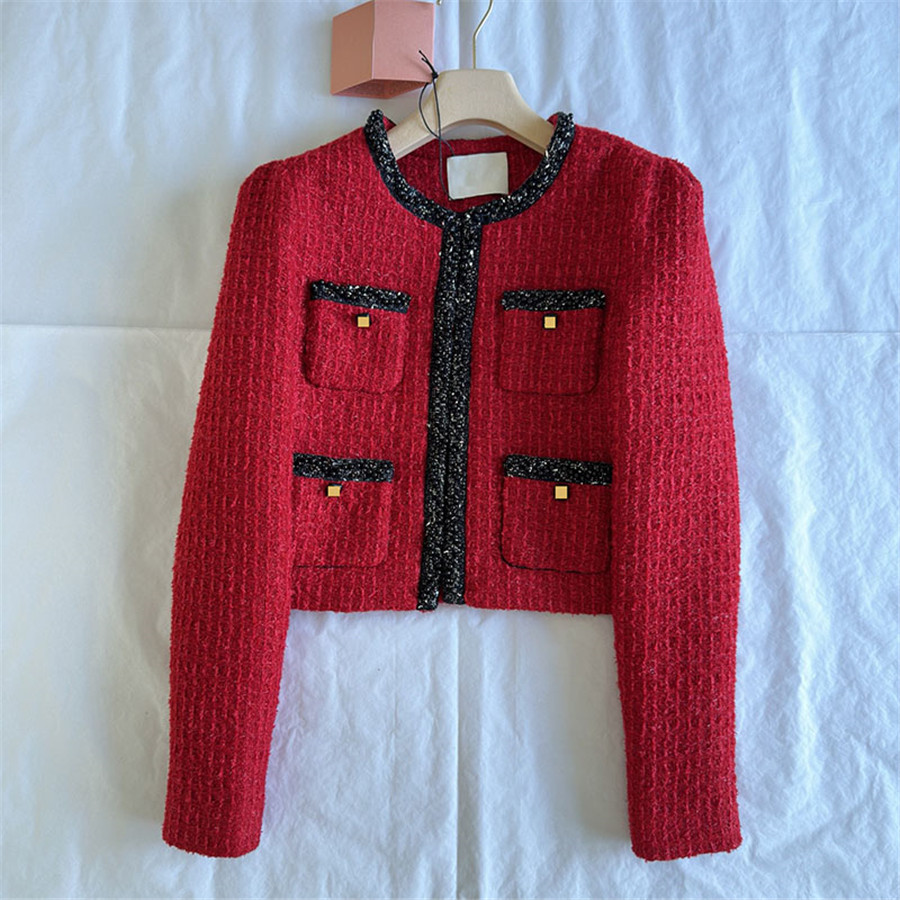 Veste de couleur contrastée pour femmes, courte, élégante, de luxe, de styliste, rouge, manches longues, manteau de printemps